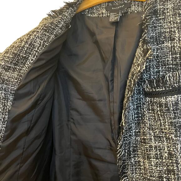 Sandro Tweed Long Jacket Black Boucle Blazer Fringe Collarless Classic Size L - Picture 9 of 12